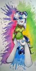 Size: 543x1080 | Tagged: safe, artist:kiwwsplash, oc, oc only, pony, abstract background, bipedal, clothes, horns, talking, traditional art