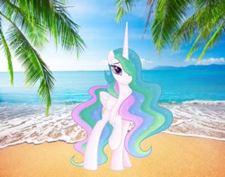 Size: 800x629 | Tagged: safe, artist:negatif22, artist:savannah-london, princess celestia, alicorn, pony, g4, adorasexy, beach, beautiful, cute, cutelestia, female, irl, looking at you, mare, movie accurate, ocean, palm tree, photo, ponies in real life, raised hoof, sand, sexy, sky, smiling, smiling at you, solo, tree