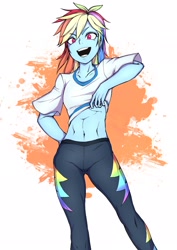 Size: 1448x2048 | Tagged: safe, artist:doktor-d, rainbow dash, equestria girls, abs, belly button, clothes, female, midriff, pants, shirt, shirt lift, solo
