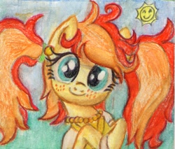 Size: 697x594 | Tagged: safe, artist:magnifsunspiration, oc, oc only, oc:smiling sun, earth pony, pony, clothes, female, mare, pigtails, solo, traditional art, twintails