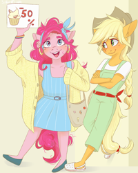 Size: 2000x2500 | Tagged: safe, artist:silbersternenlicht, applejack, pinkie pie, earth pony, anthro, g4, applejack's hat, bag, bandana, cardigan, clothes, cowboy hat, crocs, cupcake, ear piercing, earring, food, hat, high res, hooped earrings, jewelry, open mouth, overalls, piercing, wristband