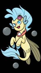 Size: 720x1280 | Tagged: safe, artist:silentwolf-oficial, princess skystar, seapony (g4), g4, my little pony: the movie, black background, bubble, clothes, dorsal fin, female, fin, fin wings, fins, fish tail, floppy ears, flowing mane, flowing tail, happy, jewelry, necklace, ocean, open mouth, open smile, pearl necklace, scales, seaquestria, see-through, signature, simple background, smiling, solo, swimming, tail, underwater, water, wings