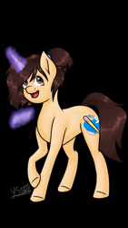 Size: 720x1280 | Tagged: safe, artist:silentwolf-oficial, oc, oc only, pony, unicorn, black background, colored hooves, glowing horn, horn, magic, open mouth, raised hoof, simple background, smiling, solo, telekinesis, unicorn oc