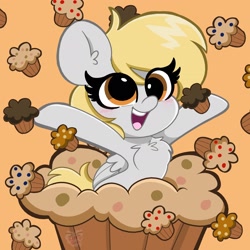 Size: 2048x2048 | Tagged: safe, artist:kittyrosie, derpy hooves, pegasus, pony, g4, chest fluff, cute, derpabetes, female, food, high res, mare, muffin, open mouth, orange background, ponies in food, simple background, solo, that pony sure does love muffins