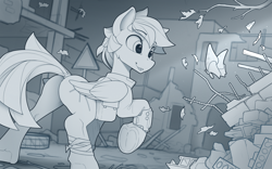 Size: 2100x1314 | Tagged: safe, artist:yakovlev-vad, oc, oc only, butterfly, pegasus, pony, fallout equestria, bag, bandage, butt, cute, eyebrows, eyebrows visible through hair, folded wings, frog (hoof), patreon, patreon reward, pipbuck, plot, raised hoof, saddle bag, solo, underhoof, wings