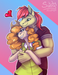 Size: 922x1200 | Tagged: source needed, useless source url, safe, artist:sunny way, bright mac, pear butter, earth pony, anthro, g4, cute, female, hug, love, male, mare, patreon, patreon reward, ship:brightbutter, shipping, smiling, stallion, straight, true love