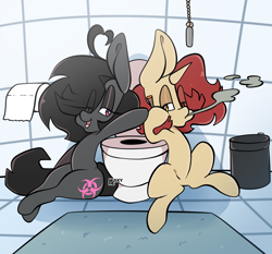 Size: 3398x3167 | Tagged: safe, artist:murkypie, oc, oc:levi dalgaard, oc:toxxie, earth pony, pony, unicorn, bathroom, drugs, high res, joint, marijuana, sitting, smoking, toilet, toilet paper, trash can