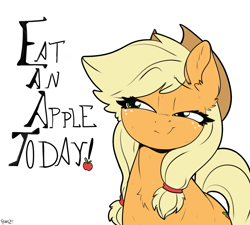 Size: 2000x1800 | Tagged: safe, artist:skoon, applejack, earth pony, pony, apple, buy some apples, chest fluff, cowboy hat, cute, digital art, ear fluff, female, freckles, hat, herbivore, if you know what i mean, jackabetes, lidded eyes, mare, simple background, smiling, solo, stetson, that pony sure does love apples, white background
