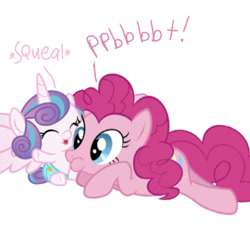 Size: 824x821 | Tagged: safe, artist:princessdestiny200i, pinkie pie, princess flurry heart, alicorn, earth pony, pony, g4, auntie pinkie pie, baby, baby pony, belly tickling, cute, diaper, diapinkes, female, filly, flurrybetes, laughing, mare, open mouth, raspberry, simple background, tickling, tummy buzz, weapons-grade cute, white background