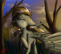 Size: 1250x1100 | Tagged: safe, artist:yuris, oc, oc only, oc:yuris, pegasus, pony, crying, eyes closed, floppy ears, hoof on chest, outdoors, pegasus oc, raised hoof, redraw, solo, spread wings, stray strand, teary eyes, wings