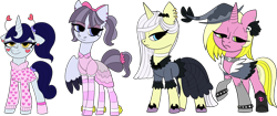 Size: 1280x536 | Tagged: safe, artist:icicle-niceicle-1517, artist:northernlightsone, color edit, edit, inky rose, lily lace, moonlight raven, sunshine smiles, bat, pegasus, pony, unicorn, g4, alternate hairstyle, anklet, boots, bow, bracelet, choker, clothes, collaboration, colored, deely bobbers, dress, duo, ear piercing, earring, eyeshadow, feather, female, girly, goth, hair bow, hairband, hat, heart, jewelry, makeup, mare, piercing, ponytail, raised hoof, shoes, simple background, skirt, skull, socks, spiked wristband, stockings, striped socks, sweater, thigh highs, torn clothes, transparent background, unshorn fetlocks, witch hat, wristband