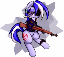 Size: 2808x2517 | Tagged: safe, artist:jetwave, oc, oc only, oc:bullseye, earth pony, pony, abstract background, cigarette, clothes, commission, earth pony oc, eyepatch, female, gun, high res, jacket, leg band, lidded eyes, looking at you, m1 garand, mare, smoking, solo, weapon