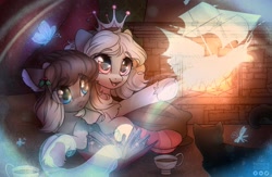 Size: 2450x1600 | Tagged: safe, artist:radioaxi, oc, oc only, butterfly, cat, dragonfly, insect, pony, art trade, chest fluff, clothes, crown, cup, duo, eye clipping through hair, female, fire, fireplace, jewelry, magic, mare, regalia, ship, smiling, socks, striped socks, underhoof, unshorn fetlocks