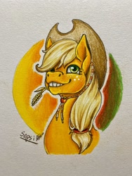 Size: 1536x2048 | Tagged: source needed, safe, alternate version, artist:sepsi, applejack, earth pony, pony, g4, bust, female, freckles, grin, hat, mare, smiling, solo, straw in mouth, traditional art