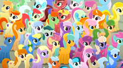 Size: 1080x598 | Tagged: safe, screencap, apple juice (g4), bridle wreath, bright vision, cardinal rose, cherry burst, cherry lemonade, cloud cover, confetti party, cottonflock, crystal gaze, crystal potion, guiding heart, hydrangea (g4), kersplash, lockpick (character), meadow bloom, oak sprout, pastelia, periwinkle breeze, petal shower, polo star, quiet paws, rocketstar, rose honey, sand dune, spring sprout, sweet surprise, earth pony, pegasus, pony, unicorn, g4, my little pony: rainbow roadtrip, background pony, background pony audience, crowd, crystal star, dot cutie mark, female, happy, living in color, lock pick, looking up, male, mare, photo, pumpkin pie, smiling