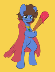 Size: 4501x5906 | Tagged: safe, artist:parfait, oc, oc only, oc:bizarre song, bat, pony, angry, baseball bat, blood, broken horn, cape, clothes, gift art, horn, jewelry, looking at you, necklace, simple background, smiling, smirk, solo, standing