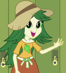 Size: 828x915 | Tagged: safe, screencap, sweet leaf, equestria girls, g4, my little pony equestria girls: friendship games, background human, cropped, female, green, solo, waving