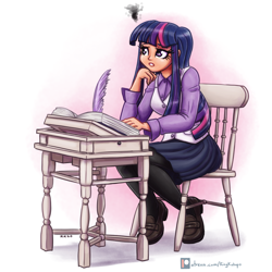 Size: 2000x2000 | Tagged: safe, artist:king-kakapo, twilight sparkle, human, g4, book, chair, clothes, cute, desk, female, high res, humanized, loafers, pantyhose, quill, sexy, sitting, skirt, solo, stockings, thigh highs, twiabetes, vest
