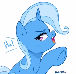 Size: 4000x3856 | Tagged: safe, artist:maren, trixie, pony, unicorn, g4, dialogue, female, ha, high res, mare, open mouth, profile, simple background, solo, underhoof, white background