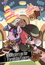 Size: 500x714 | Tagged: safe, artist:a-nup, pinkie pie, twilight sparkle, pony, g4, mmmystery on the friendship express, bowler hat, bust, cake, deerstalker, dessert, detective, donut, donutopia, duo, eclair, female, food, hat, magnifying glass, mare, marzipan mascarpone meringue madness, mousse moose, pipe, profile, sherlock holmes, sherlock sparkle, tongue out, train