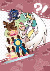 Size: 500x714 | Tagged: safe, artist:a-nup, princess celestia, princess luna, alicorn, pony, g4, mmmystery on the friendship express, bust, cake, cakelestia, cute, donut, duo, eating, exclamation point, female, food, interrobang, mare, marzipan mascarpone meringue madness, open mouth, question mark, ribbon, royal sisters, sisters