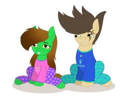 Size: 2314x1836 | Tagged: safe, artist:dyonys, oc, oc:lucky brush, oc:night chaser, clothes, female, freckles, husband and wife, luckychaser, male, mare, pajamas, scar, simple background, sitting, sleepy, stallion, tired, transparent background
