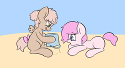 Size: 5426x2960 | Tagged: safe, artist:parfait, oc, oc only, oc:kayla, oc:mary jane, earth pony, pegasus, pony, beach, bow, bucket, duo, female, filly, kayry, lying down, oc x oc, pigtails, playing, sand, sandcastle, shipping, sitting, sky, small wings, surprised, tail bow, tongue out, wings, young