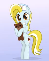 Size: 2552x3162 | Tagged: safe, artist:chomakony, oc, oc only, oc:nurse reisol, earth pony, pony, bipedal, cute, earth pony oc, female, gradient background, happy, hat, high res, holding, hug, looking at you, mare, nurse, nurse hat, show accurate, simple background, smiling, solo, teddy bear, weapons-grade cute