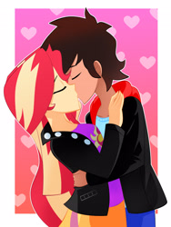 Size: 2354x3128 | Tagged: safe, artist:xan-gelx, sunset shimmer, oc, equestria girls, g4, canon x oc, clothes, commission, duo, eyes closed, female, high res, kissing, male, pants, shipping, skirt, straight