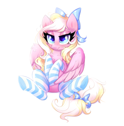 Size: 2281x2313 | Tagged: safe, artist:confetticakez, oc, oc only, oc:bay breeze, pegasus, pony, blushing, bow, chest fluff, clothes, female, hair bow, high res, lidded eyes, mare, pegasus oc, simple background, sitting, socks, solo, striped socks, tail, tail bow, white background, wings