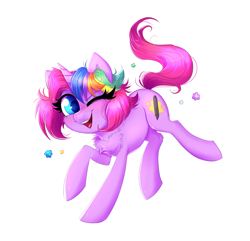 Size: 2387x2297 | Tagged: safe, artist:confetticakez, oc, oc only, oc:techy twinkle, pony, unicorn, candy, chest fluff, female, food, high res, konpeito, mare, one eye closed, simple background, smiling, solo, white background, wink
