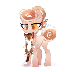 Size: 2105x1993 | Tagged: safe, artist:confetticakez, oc, oc only, oc:cinnamon spangled, cat, earth pony, pony, alternate hairstyle, bandana, chest fluff, colored pupils, female, lidded eyes, mare, mouth hold, pet, ponytail, scruff, simple background, white background