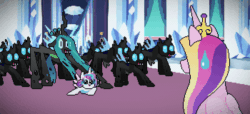 Size: 1050x480 | Tagged: safe, alternate version, artist:2snacks, princess cadance, princess flurry heart, queen chrysalis, alicorn, changeling, changeling queen, pony, animated, army, crystal castle, female, get stick bugged lol, gif, mare, meme, perfect loop, pixel art, sweat, sweatdrop, they're everywhere, wat