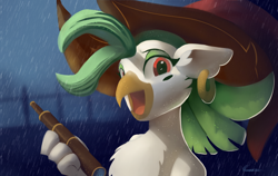 Size: 3562x2250 | Tagged: safe, artist:auroriia, captain celaeno, bird, parrot, anthro, g4, my little pony: the movie, beauty mark, clothes, ear piercing, female, happy, hat, high res, open mouth, piercing, pirate, pirate hat, rain, solo, telescope