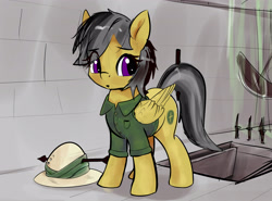 Size: 4023x2973 | Tagged: safe, artist:xbi, daring do, pegasus, pony, g4, 30 minute art challenge finished after, arrow, clothes, dungeon, female, folded wings, hat, high res, jacket, looking back, mare, solo, trap (device), wings, wrong eye color