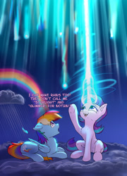 Size: 2856x3962 | Tagged: safe, artist:xbi, rainbow dash, starlight glimmer, pegasus, pony, unicorn, backwards cutie mark, cloud, cute, dialogue, duo, feather, high res, looking up, magic, magic overload, night, on a cloud, rain, rainbow, shocked, shocked expression, shooting star, sitting, sitting on a cloud, sky, stars