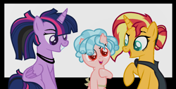 Size: 1212x617 | Tagged: safe, artist:bittersweethare, artist:n0va-bases, cozy glow, sunset shimmer, twilight sparkle, alicorn, bat pony, pegasus, pony, unicorn, g4, adopted offspring, base used, bat ponified, cape, clothes, cozybat, cozybetes, cute, fangs, female, filly, freckles, grin, jewelry, lesbian, makeup, mare, necklace, open mouth, race swap, raised hoof, ribbon, robe, ship:sunsetsparkle, shipping, sitting, smiling, twilight sparkle (alicorn)