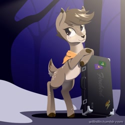 Size: 1080x1080 | Tagged: safe, artist:willoillo, oc, oc only, oc:echo, deer, bipedal, bipedal leaning, deer oc, guitar case, leaning, simple background, solo