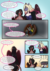 Size: 3472x4911 | Tagged: safe, artist:blackblood-queen, oc, oc only, oc:brigadeiro drizzle, oc:daniel dasher, oc:dusk flame, oc:lady lovegreen, dracony, dragon, hybrid, pegasus, pony, anthro, comic:be there, anthro oc, breasts, chest fluff, cleavage, clothes, crossdressing, dialogue, digital art, drag queen, eyeshadow, female, leonine tail, lipstick, makeup, male, mare, pegasus oc, rear view, speech bubble, stallion, wings