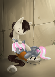 Size: 680x939 | Tagged: dead source, safe, artist:ls_skylight, oc, oc only, oc:companion pony, earth pony, pegasus, pony, robot, robot pony, aperture science, boots, chell, clothes, companion cube, crossover, duo, eyes closed, long fall boots, long fall horseshoe, petting, ponified, portal (valve), radio, shoes, sitting, sitting on floor, sleeping, tail, two toned mane, two toned tail, video game crossover