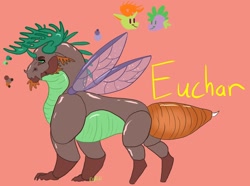 Size: 1280x954 | Tagged: safe, artist:d3pressedr4inbow, spike, thorax, oc, oc only, oc:euchar, changedling, changeling, dragonling, hybrid, g4, interspecies offspring, king thorax, magical gay spawn, offspring, parent:spike, parent:thorax, parents:thoraxspike, pink background, simple background, solo