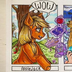Size: 1080x1080 | Tagged: safe, alternate version, artist:sirsaut, applejack, earth pony, pony, g4, bust, cropped, female, hat, magic, mare, outdoors, surprised, telekinesis, traditional art, tree