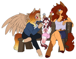 Size: 2666x2061 | Tagged: safe, artist:purplegrim40, oc, oc only, oc:ember rose, oc:firelight, oc:honeypot meadow, dracony, dragon, earth pony, hybrid, pegasus, pony, anthro, unguligrade anthro, adopted daughter, adopted offspring, anthro oc, clothes, commission, digital art, earth pony oc, family, female, filly, food, freckles, gradient hooves, gradient mane, heterochromia, high res, ice cream, jewelry, lesbian, mare, married couple, napkin, pants, park bench, pegasus oc, ring, shorts, simple background, transparent background, wedding ring, wing freckles, wings