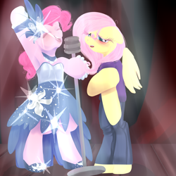 Size: 3000x3000 | Tagged: safe, artist:aruva-chan, fluttershy, pinkie pie, earth pony, pegasus, semi-anthro, g4, arm hooves, armpits, blushing, clothes, dress, duo, embarrassed, female, high res, jeans, mare, microphone, pants, singing, sparkles