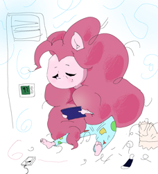 Size: 1200x1318 | Tagged: safe, pinkie pie, earth pony, anthro, plantigrade anthro, g4, air conditioner, airpods, barefoot, big hair, clothes, feet, mask, mp3 player, pajamas, pillow, tablet, toes
