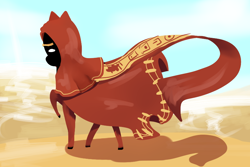 Size: 828x552 | Tagged: safe, artist:aruva-chan, pony, cloak, clothes, desert, journey, ponified, raised hoof, solo