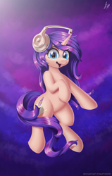Size: 3500x5500 | Tagged: safe, artist:pyropk, oc, oc only, oc:melody verve, pony, unicorn, absurd resolution, beats by dr dre, beautiful, commission, digital art, female, floating, full body, happy, headphones, illustration, looking at you, music, simple background, smiling, solo