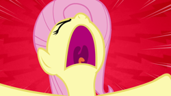 Size: 1280x720 | Tagged: safe, screencap, fluttershy, pegasus, pony, dragon quest, g4, eyes closed, female, frustrated, hooves out, looking up, mare, mawshot, no, open mouth, red background, simple background, solo, uvula, volumetric mouth