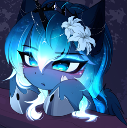 Size: 825x828 | Tagged: safe, artist:magnaluna, princess luna, alicorn, pony, blushing, crown, cute, female, filly, flower, flower in hair, jewelry, lunabetes, pouting, regalia, solo, woona, younger