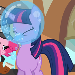 Size: 1784x1787 | Tagged: safe, screencap, pinkie pie, twilight sparkle, pony, unicorn, g4, mmmystery on the friendship express, bubble, bubble pipe, cropped, deerstalker, detective, female, hat, mare, pipe, sherlock pie, twilight popple, unicorn twilight